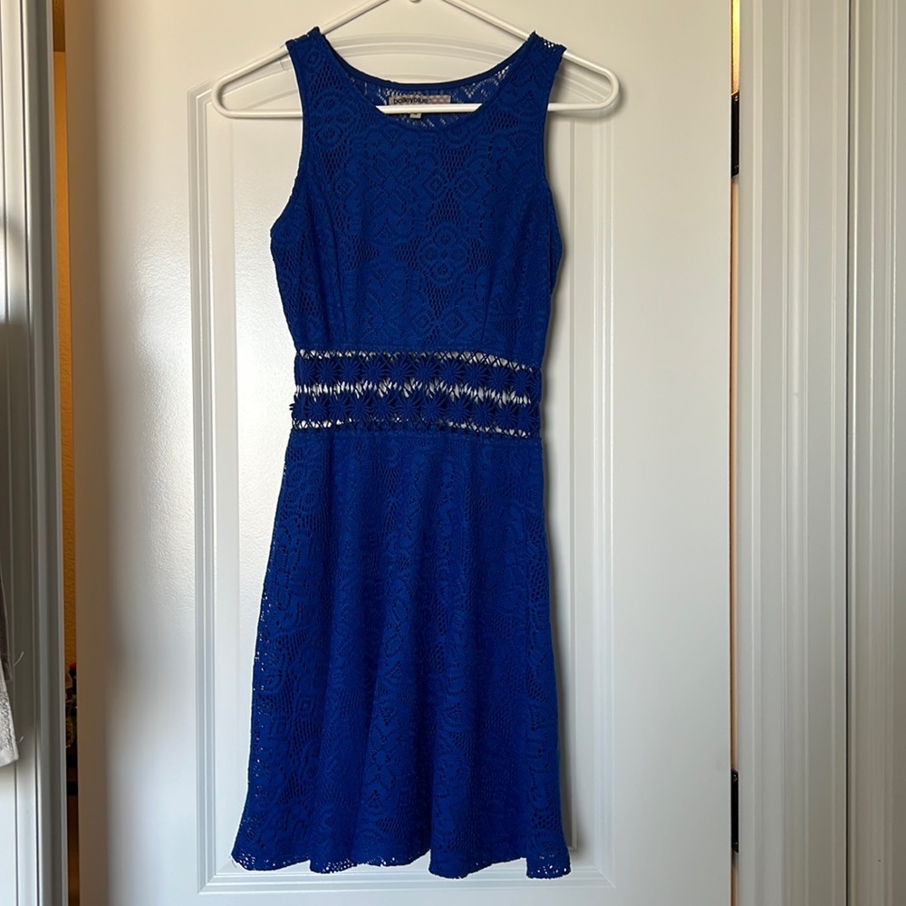 Short blue open tummy sheer back dress